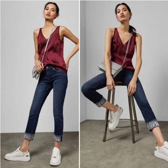NWT Ted Baker Pralina Embroidered Raw Hem Cotton Stretch Jeans Dark Blue Size 32 - Picture 1 of 6